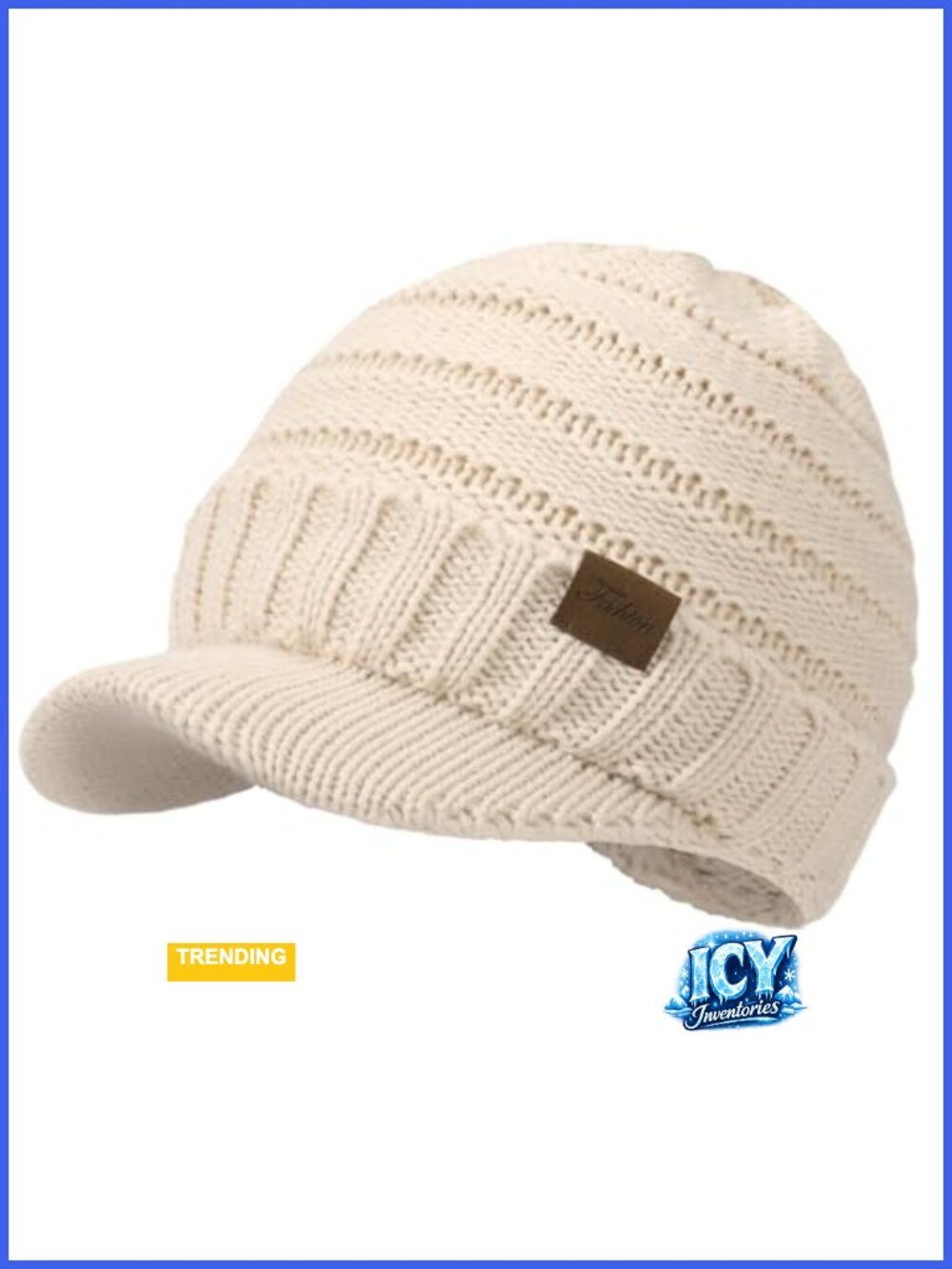 100% Acrylic Cable Knit Winter Beanie with Visor Warm Knit Hat Outdoor Skiing